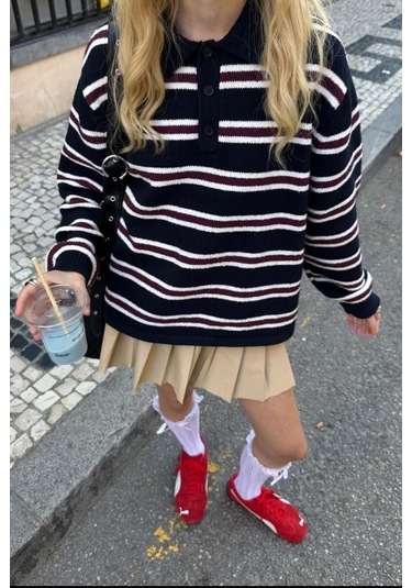 Siyah Polo Yaka Çizgili Kadın Triko Kazak Mg2469 Siyah