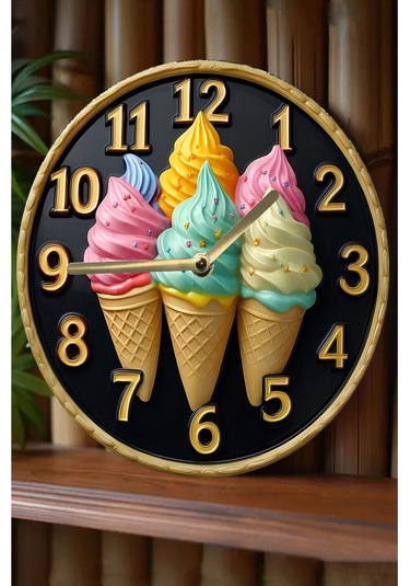 Renkli Dondurma Külahlı Mdf Duvar Saati 3d Görünümlü, Sessiz Mekanizmalı, 2d Hd Baskı Sdw241 Renkli