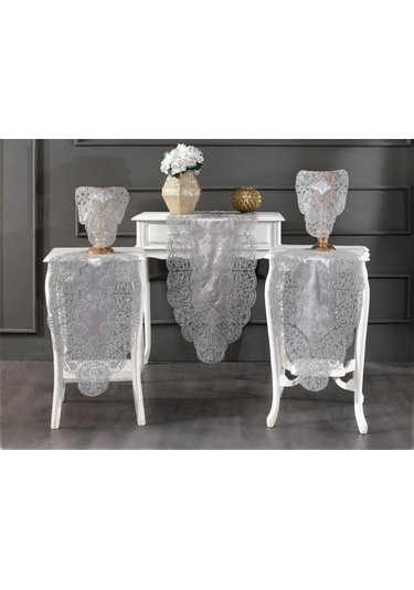 Fransız Güpürlü Kadife Sırma Salon Takımı 5 Parça Gri Gri