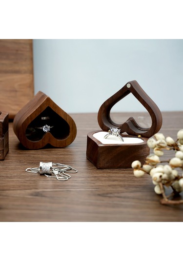 Kangvka Kahverengi Ahşap Kalp Kutu, Beyaz Kadife İç, İki Yerinli Yüzük Kutusu, Hediye Veya Kişisel Depolama, Rb513-c2 Çok Renkli