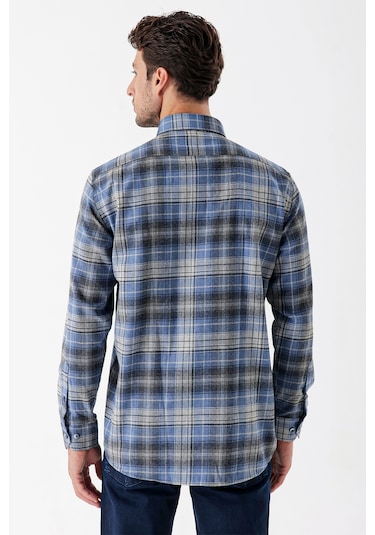 Koyu Mavi Uzun Kollu Ekoseli Gabardin Sert Yaka Cepli Garnili Casual Comfort Fit Gömlek 1004235112-koyu Mavi Koyu Mavi