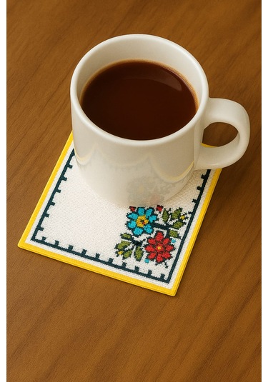 Upeka 6'lı Tela Peçete Bardak Fincan Altlığı Çicek İşlemeli Kokte