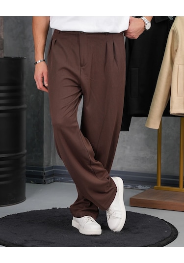 Modefendi Baggy Kalıp Pile Detaylı Kumaş Pantolon Kahverengi