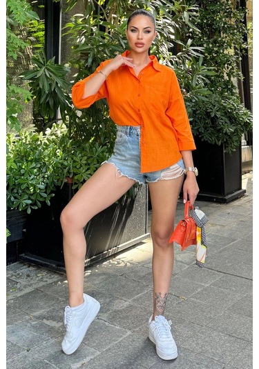 Kadın Turuncu Truvakar Kol, Oval Kesim, Terletmez, Flamlı Keten Salaş Gömlek Turuncu