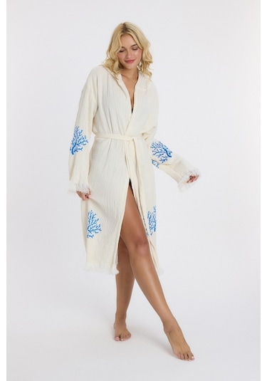 Mulberry Muslin Peştemal Bornoz Banyo Ve Plaj Elbisesi Mavi
