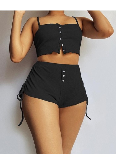 Munn Collection Kadın Ip Askılı Crop Bluz Ve Yanlardan Büzgülü Ikili Kaşkorse Short Takım Siyah