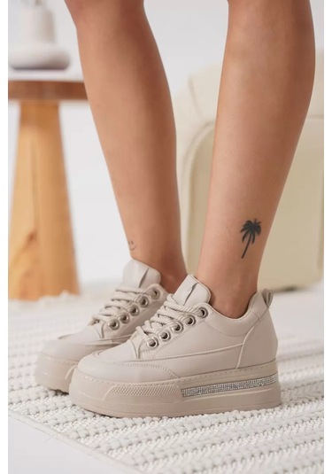 Trendella Kadın Bej Gizli Topuklu Sneaker Tr04ms01c Beyaz