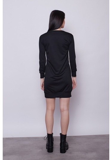 Kadın Sıfır Yaka Cep Detaylı Uzun Kol Sweat Elbise -Siyah