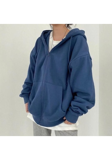 Koyu Gri Kadın Kış Ceket Fermuar Kapatma Kalın Kapşonlu Uzun Kollu İpli Gevşek Düz Renk Cepler Elastik Manşet Bayan Sonbahar Ceket Koyu Gri