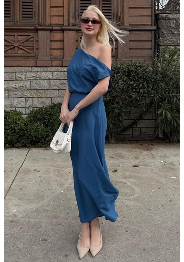 Madmext Madmext İndigo Düşük Omuz Elbise Mg2349 Indigo