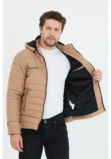 Erkek Vizyon Dar Kesim Kapüşonlu Süet Mont Vizon