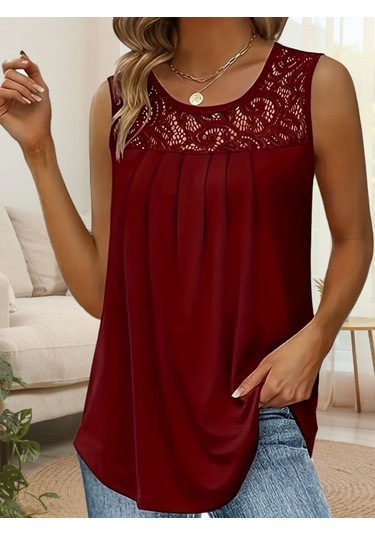 Kadın Askılı Yuvarlak Yaka Dantel Detaylı Viskon Bluz Bordo