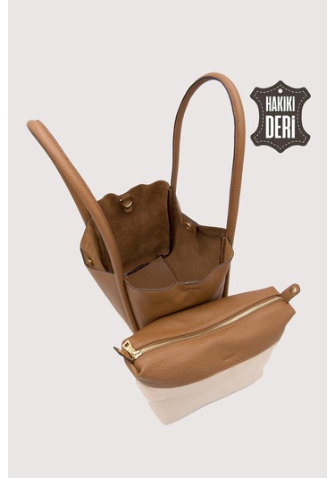 Hakiki Deri Kadın Organizerlı Omuz Çantası Taba Smr9205 Taba