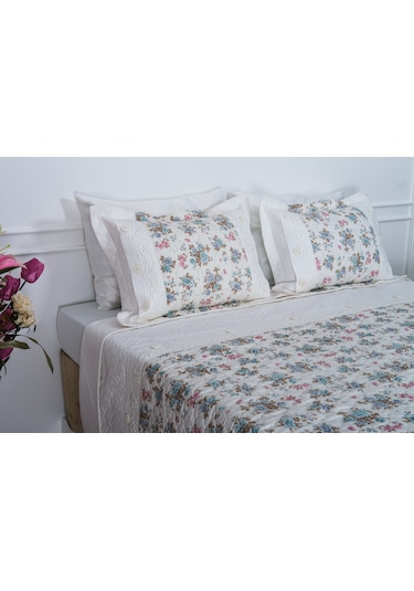 Finezza Gülfem Çiçek Baskılı Turkuaz Çift Kişilik Yatak Örtüsü 6 Parça-1462 Turkuaz