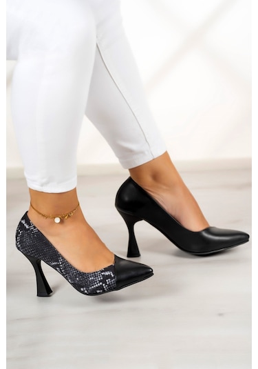 Jatqılı Plus Siyah Yılan Kadeh Topuklu Ayakkabı Siyah Yılan