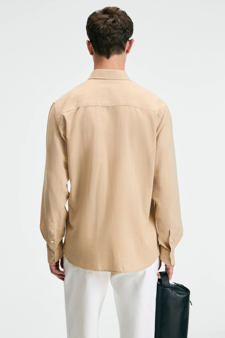 Grımelange Perttu Erkek %100 Pamuk Slim Fit Dar Kesim Düğmeli Yaka Keten Görünümlü Flamlı Bej Gömlek Bej