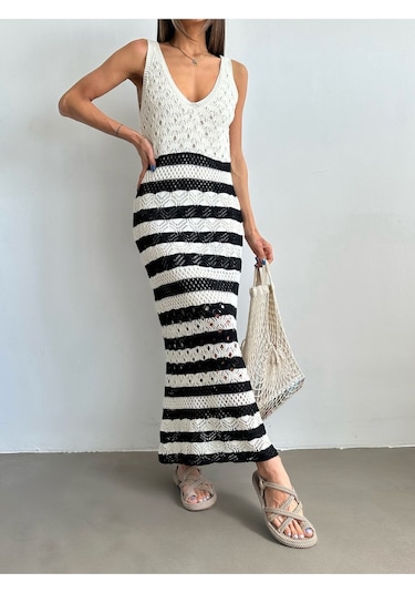 Kadın Askılı Ajurlu Yazlık Triko Elbise Krem - Siyah