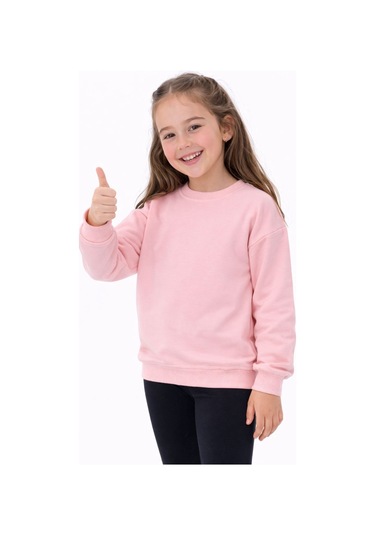 Kız Çocuk Basic Düz Pudra Renk Fırçalı %100 Pamuk Sweatshirt Pudra
