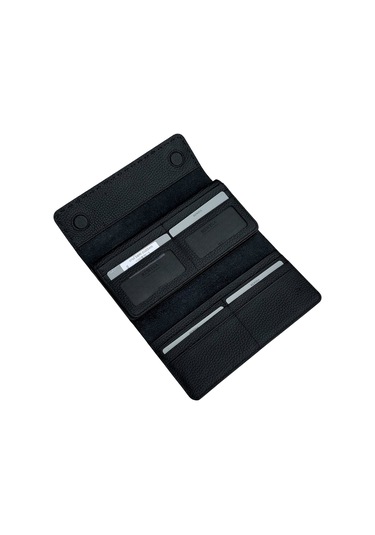 Siyah %100 Hakiki Deri Dikiş Detaylı Gizli Mıknatıslı Kapaklı Özel Tasarım Kadın Cüzdan Portföy Siyah