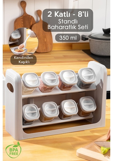 8'li Standlı, Kilitlenebilir Kapaklı Hava Almaz Baharatlık Seti - Bej