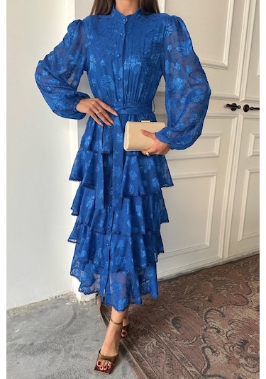 The İstanbul Saks Valonlu Şeritli Kat Kat Elbise Saks