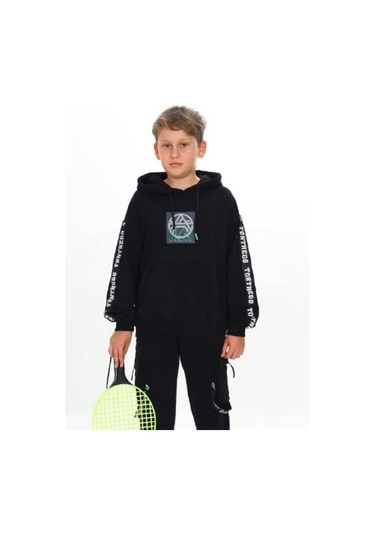 Çocuk Kapüşonlu Stay Strong Yazılıi Sweatshirt-14816 Siyah