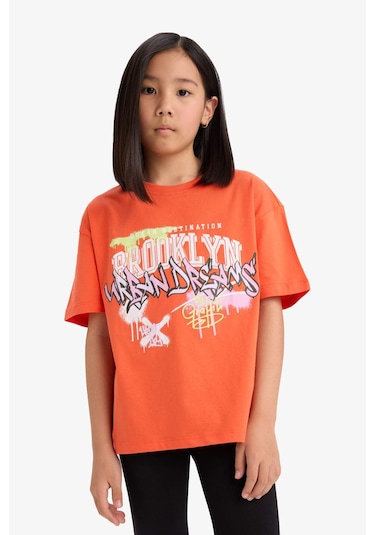 Defacto Kız Çocuk Oversize Geniş Kalıp Baskılı Bisiklet Yaka Kısa Kollu Tişört E0386a825smog584 Turuncu