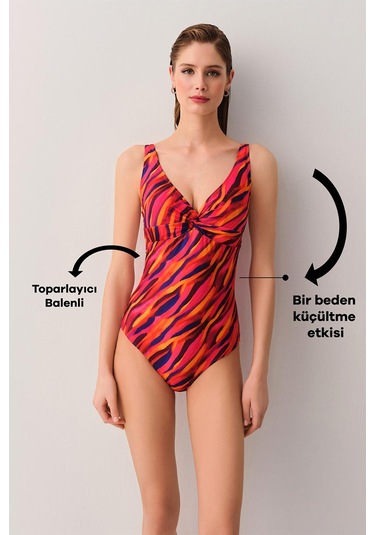 Suwen Flame V Yaka Balenli Toparlayıcı Mayo Sb2528513841384 Flame Baskılı