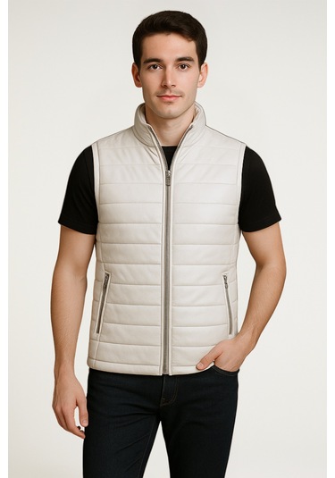 Derije Ramos Hakiki Deri Erkek Ekru Şişme Yelek
