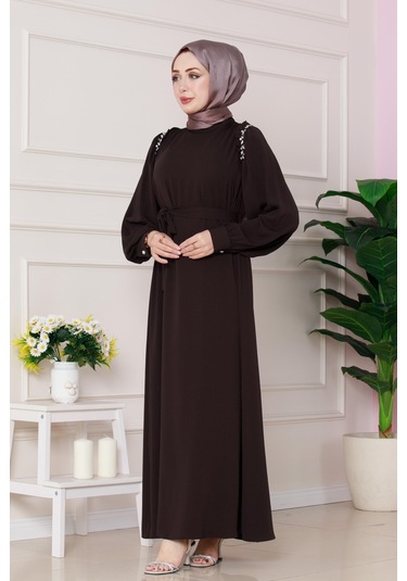 Omuzu Taş Detaylı Rose Elbise-kahverengi-4774 Kahverengi