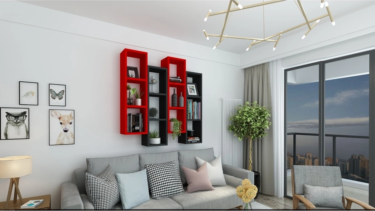 Kitaplık Modern Ev Duvar Rafı Kırmızı Siyah 4 Lü Takım Kırmızı-siyah