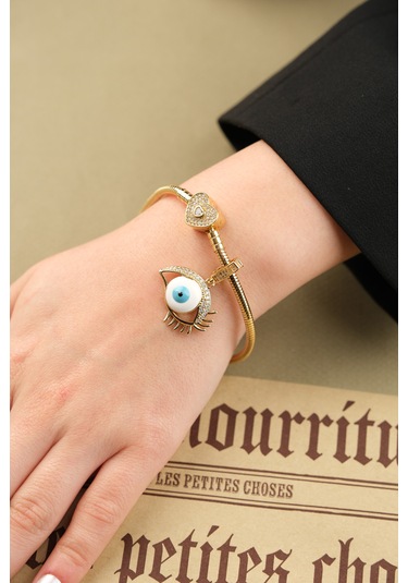 Çildan Womens Gold Özel Tasarım Zirkon Taşlı Göz Ve Kalp Detaylı Altın - Gümüş - Rose