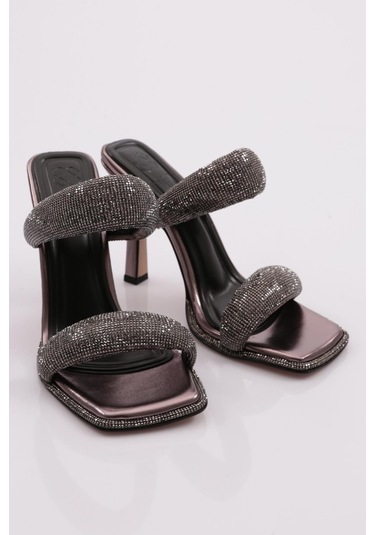 Dgn 2027 Kadin Kalin Silver Taş Bantli Topuklu Terlik 2027-2219-R13773 Platin