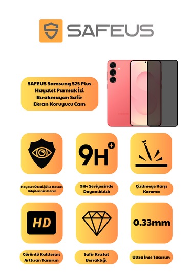 Safeus Tam Kaplayan Hayalet Parmak İzi Bırakmayan Safir Ekran Koruyucu Cam , Samsung S25 Plus İle Uyumlu