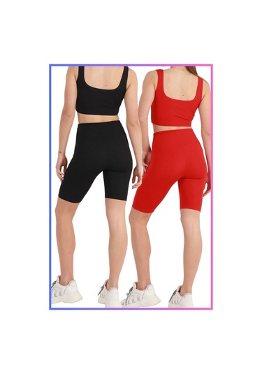 Kadın Yüksek Bel Toparlayıcı Şort Tayt Siyah & Kırmızı 2'li Paket Lycralı Biker Shorts 21071 Siyah - Kırmızı