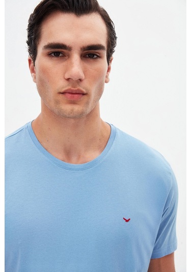 Ds Damat Regular Fit Açık İndigo Düz Nakışlı %100 Pamuk T-shirt 4hc140632006m 7069341