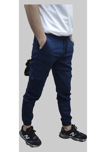 Erkek Jogger Beli Ve Paçası Lastikli Keten İndigo Kargo Pantolon İndigo