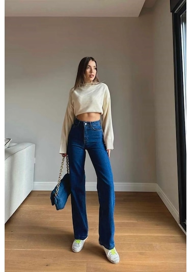 Ahmetkoccollection Kadın İspanyol Paça Pantolon Kot Rengi Kot Pantolon