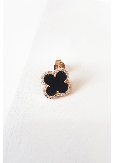 MorMajor Silver Tekli Siyah Mineli Yonca Gümüş Küpe-6539