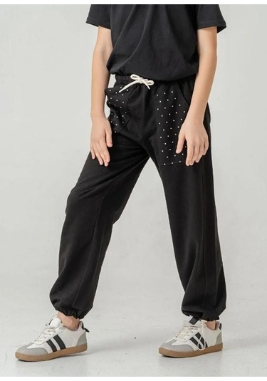 Siyah Cebi Taşlı Paça Brit Lastikli Stoperli Kız Çocuk Eşofman Altı 6168s Anrasit