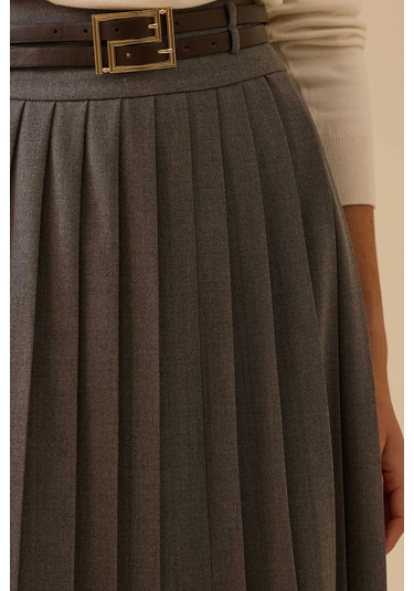 Seçil Kadın Kemer Detaylı Pileli Etek 0013 Gri Gri