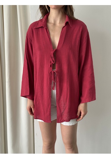 Bordo %100 Keten Bağcık Detaylı Kimono Bluz - 5218 Bordo