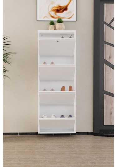 Kilitli 4 Kapaklı Metal Ayakkabılık Beyaz Beyaz