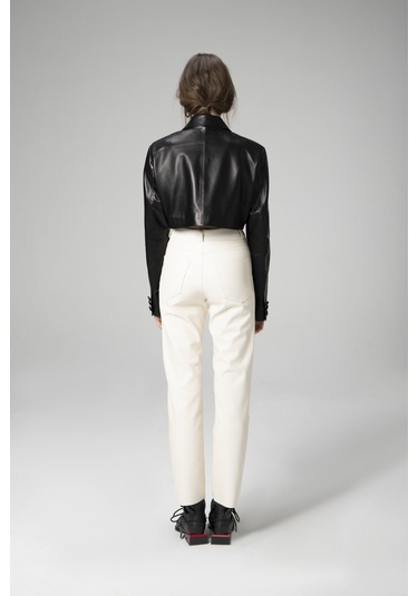 Siyah Dericlub Wm034 Gerçek Deri Crop Blazer Kadın Ceket