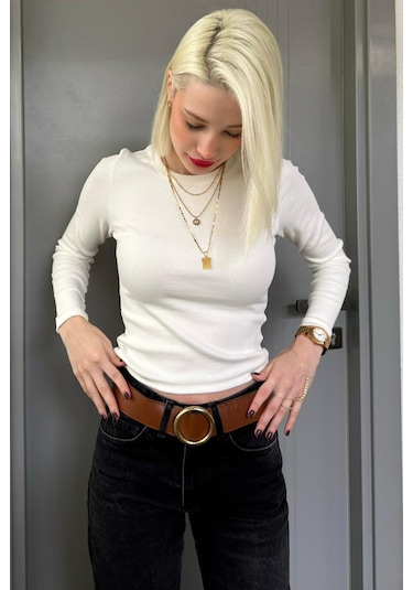 Madmext Ekru Bisiklet Yaka Slim Fit Kadın Body Mg2564 Ekru