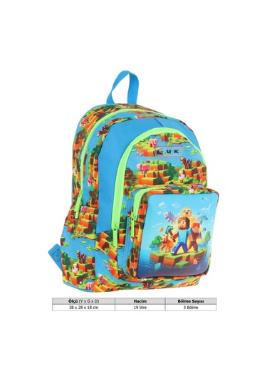 Kaukko Kids Üç Bölmeli Mavi Yeşil - Craft Baskılı Erkek Çocuk Okul Ve Günlük Sırt Çantası - L5280 Mavi - Yeşil