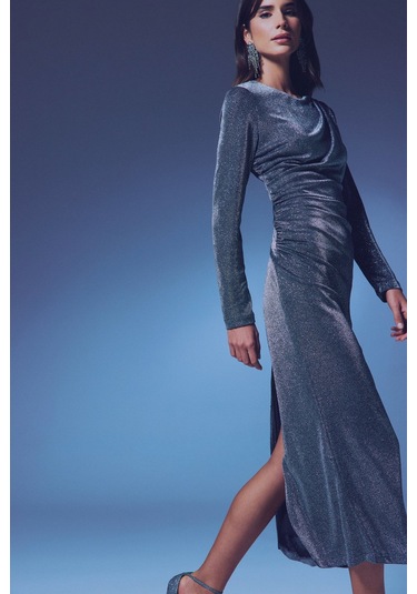 Simli Midi Elbise - Antrasit-135360 Antrasit