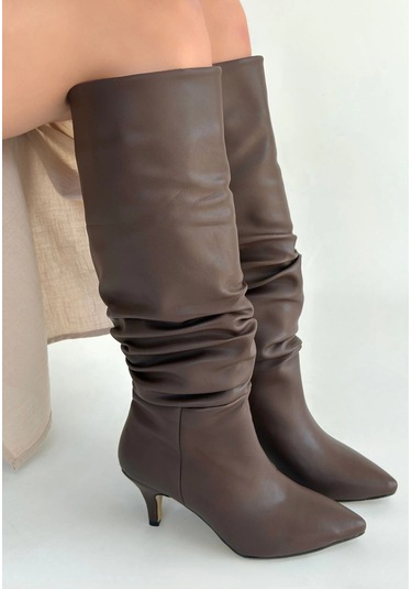 Zelya Kahverengi Cilt Topuklu Çizme Kahverengi