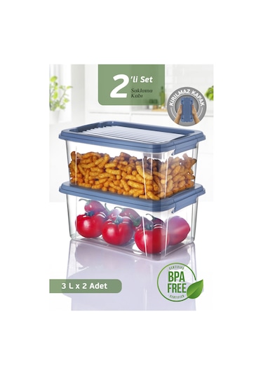2'li 3 Lt Kilit Kapaklı Erzak Saklama Kabı - Difriz Buzdolabı Düzenleyici Un Bakliyat Saklama Kutusu Mavi
