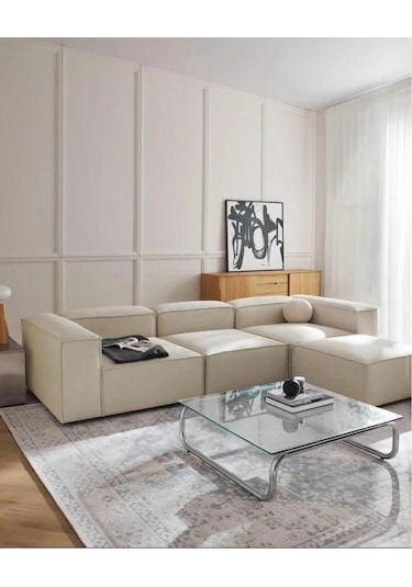 Mira Relax 4 Modül Köşe Koltuk Krem Keten Kumaş Antrasit